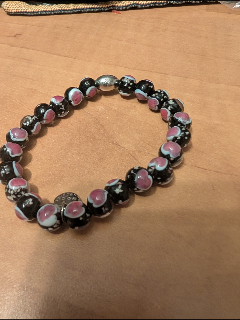 Black Bead Bracelet with Pink Floral Accents